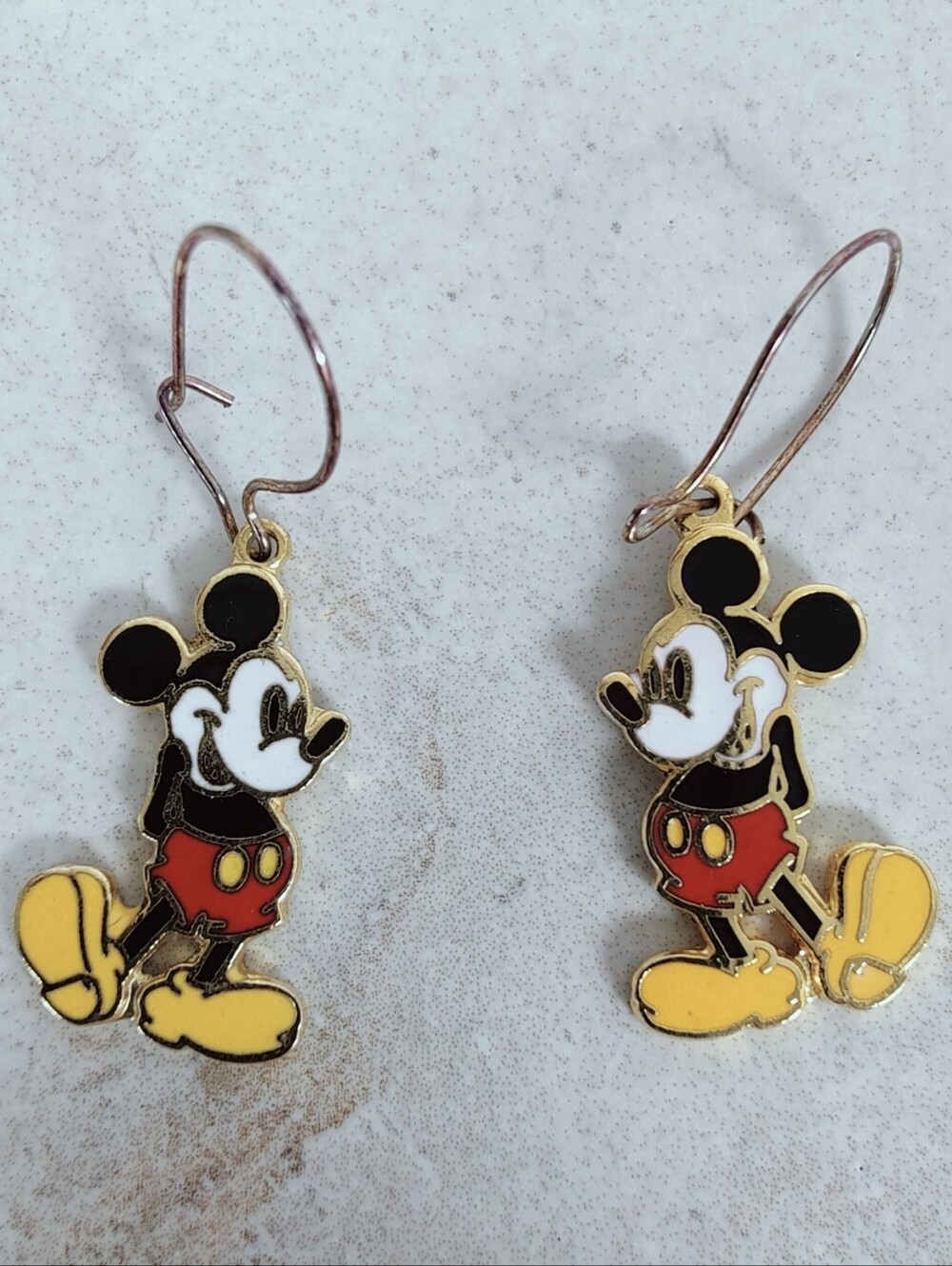 VTG Disney Mickey Mouse Enamel Dangle Earrings Gold Tone Wire Hook